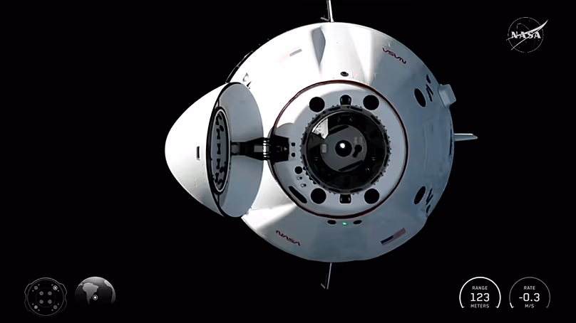 A SpaceX Dragon capsule approaches the International Space Station for docking, 14 February, 2026