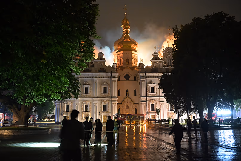 The roof of the Dormition Cathedral of the Kyiv-Pechersk Lavra burns, Monday, June 15, 2026.