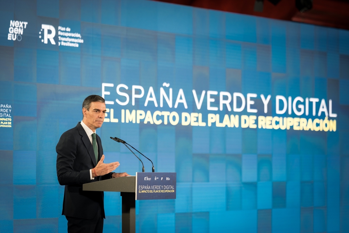 El presidente del Gobierno, Pedro Sánchez, durante el acto ‘España verde y digital. El impacto del Plan de Recuperación’ /(Diego Radamés / Europa Press)