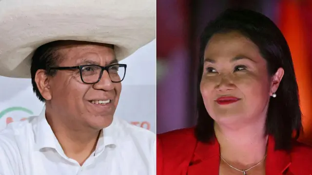 Foto compuesta de Roberto Sánchez, con camisa blanca y sombrero, y Keiko Fujimori de rojo