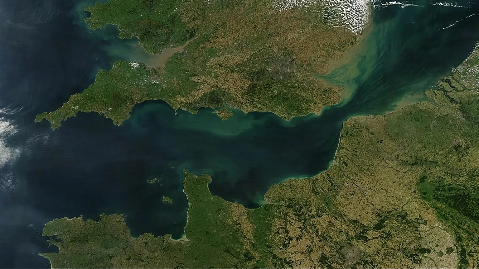 A satellite view of the UK and France separated by the English Channel, 13 September, 2002