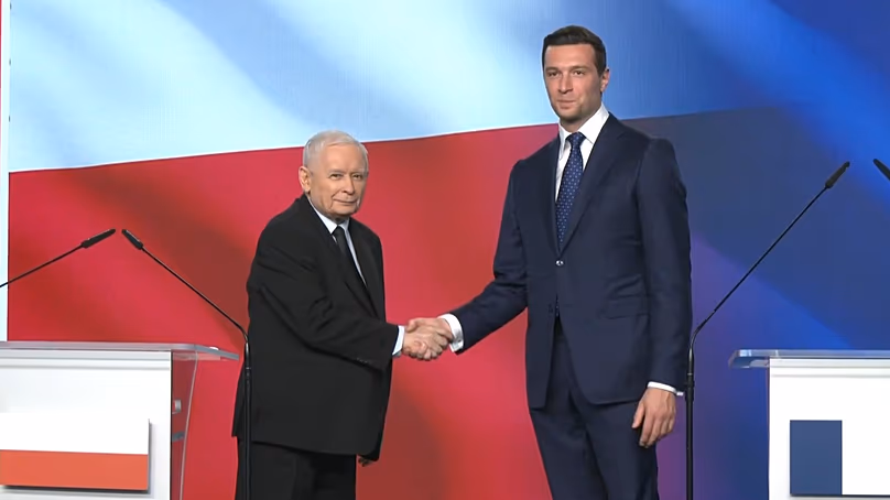 Jarosław Kaczyński and Jordan Bardella after their joint press conference on 19 June 2026.