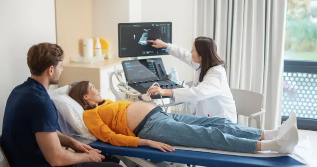Una mujer embarazada está recostada en una camilla mientras una doctora le toma una imagen del vientre con ultrasonido. Las acompaña la pareja de la mujer, un hombre joven de barba. Todos miran la pantalla que muestra la imagen de ultrasonido