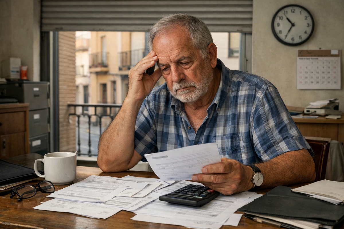Hombre de edad avanzada con barba y camisa a cuadros sentado en una mesa de madera. Revisa papeles con calculadora, gafas y una taza. Ventana y reloj al fondo.