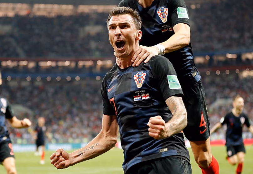 Croatia's Mario Mandzukic celebrates after scoring his side's second goal during the semifinal match between Croatia and England at the 2018 soccer World Cup.