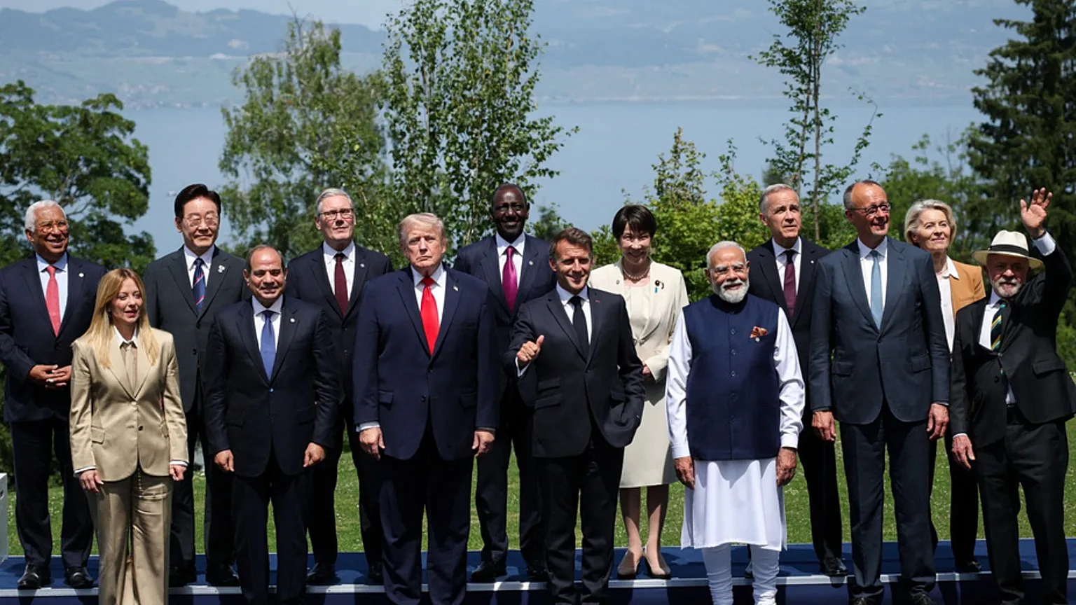 Leaders from the G7 and other countries take a group photo, at the G7 summit in Evian-les-Bains, France, Tuesday June 16, 2026.