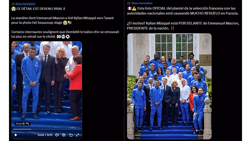 Algunas publicaciones que resaltan que Macron atrajo a Mbappé hacia él y que él está delante del presidente en la foto del equipo francés