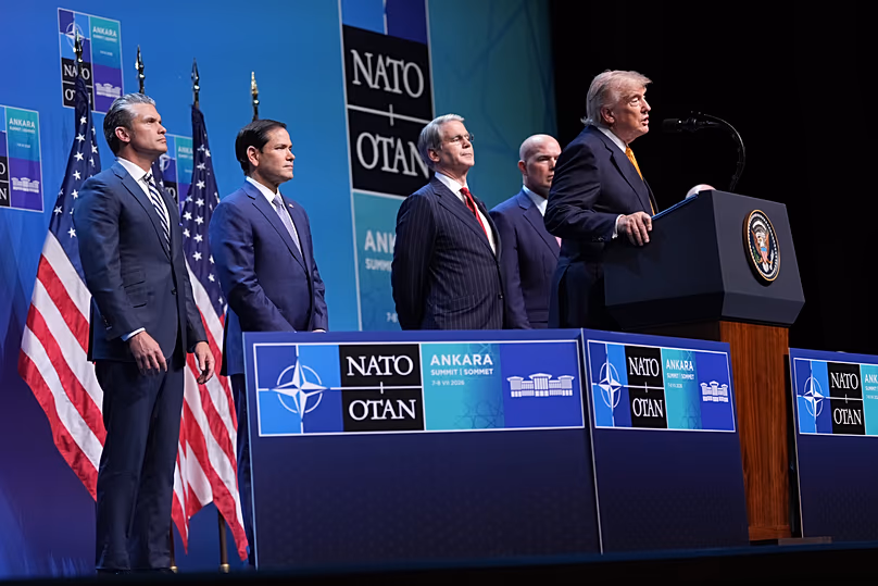 President Donald Trump speaks during a media conference at the NATO summit in Ankara, Turkey, Wednesday, July 8, 2026.