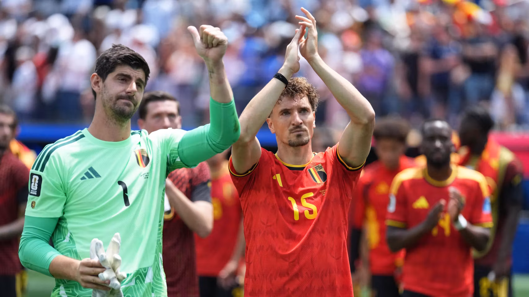 Thibaut Courtois, junto a Thomas Meunier en el Mundial 2026.