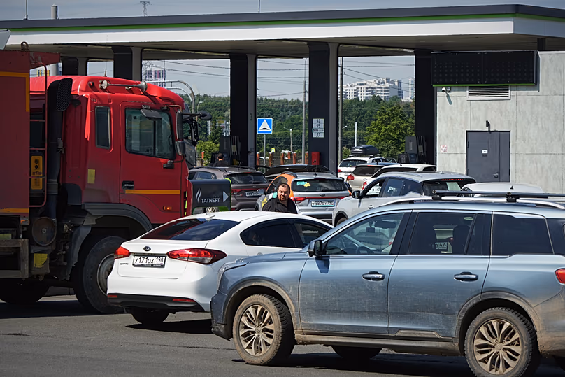Vehicles line up at a Tatneft gas station in St. Petersburg, Russia, Tuesday, June 30, 2026.