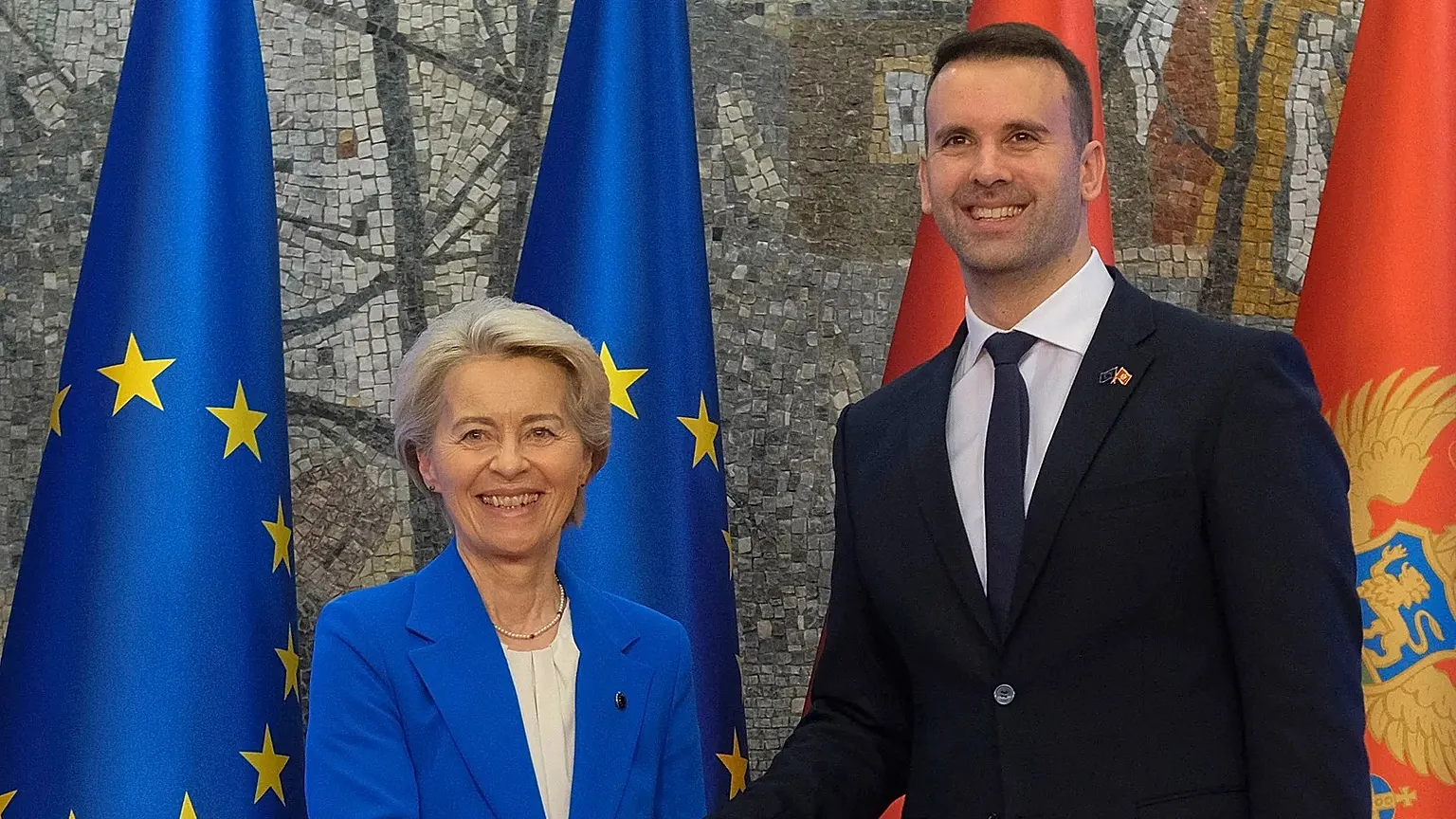 Montenegro's Prime Minister Milojko Spajic, right, shakes hands with European Commission President Ursula von der Leyen in Podgorica, Montenegro, Saturday, 26 October, 2024.