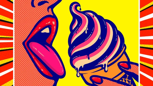 Dibujo al estilo cómic pop art de la cara de una mujer vista de lado, enfocándose en la boca, que está abierta con la lengua afuera, lista para comer un helado que tiene cerca. Todo con colores brillantes, fondo amarillo.