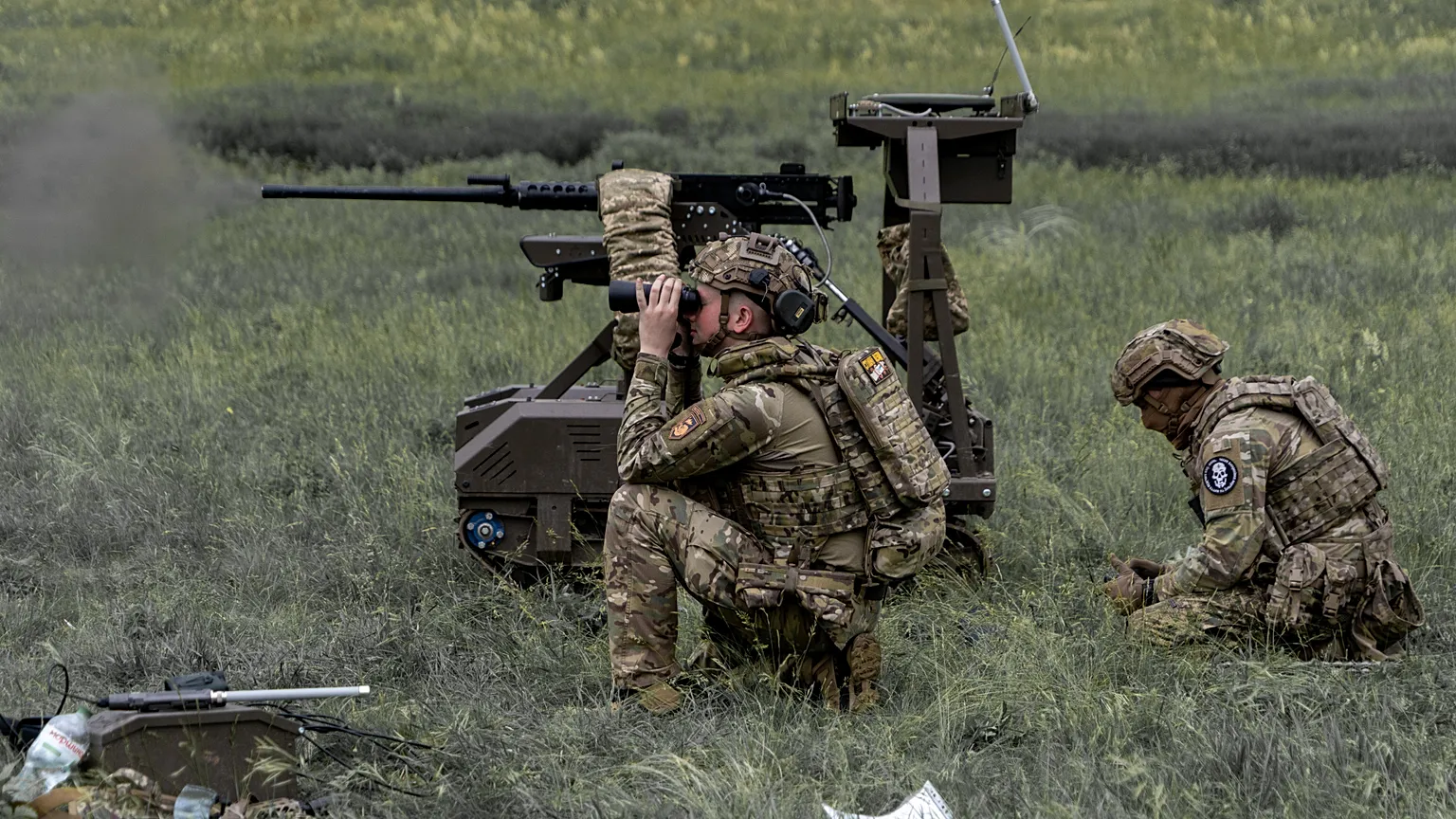 Ukrainian soldiers from the Cerberus unmanned ground systems company of the 60th Separate Mechanised Brigade, part of the Third Army Corps.