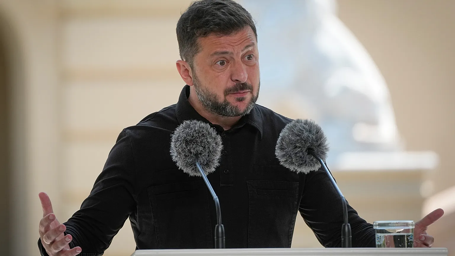 Ukraine's President Volodymyr Zelenskyy talks during a joint press conference with Britain's Prime Minister Keir Starmer in Kyiv, Ukraine, Thursday July 16, 2026.