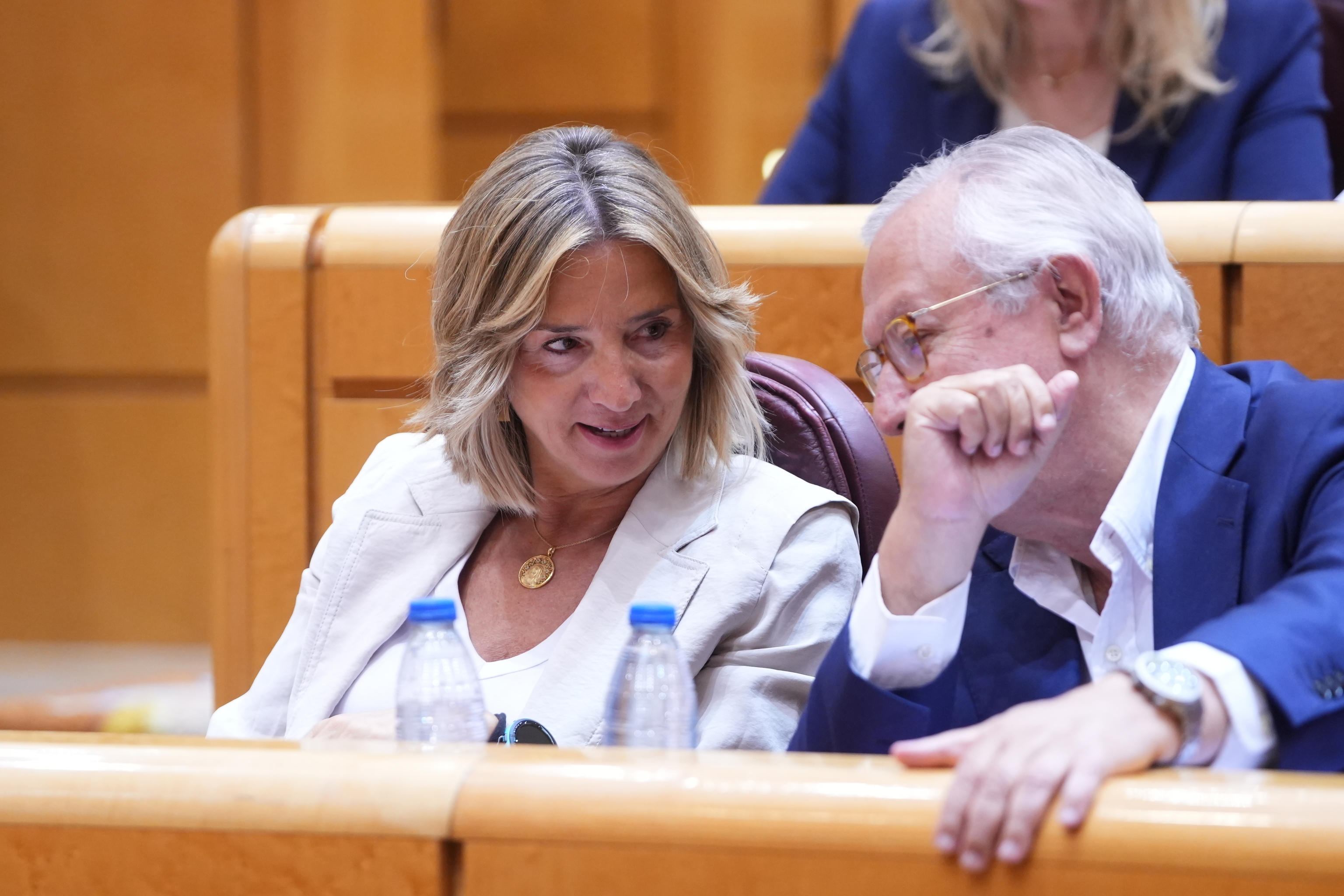 Alicia García conversa con Javier Arenas en un Pleno del Senado.