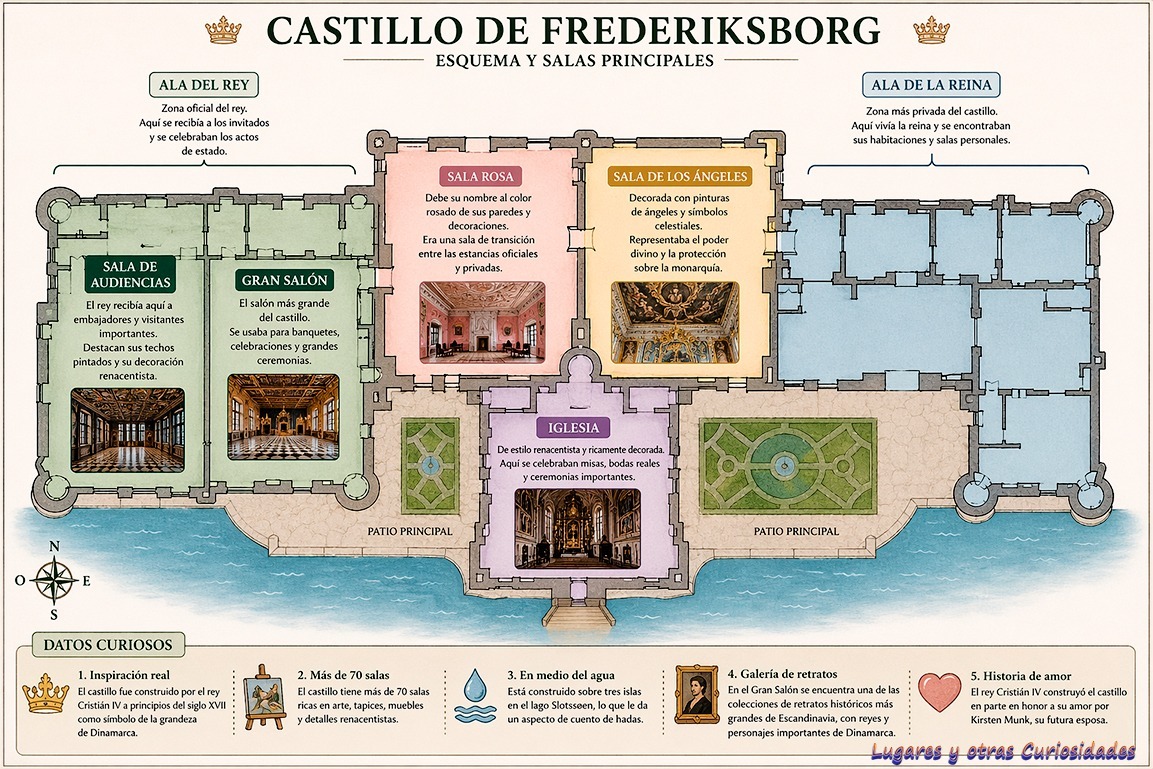 Plano del Castillo de Frederiksborg y sus salas principales. (Fuente: lugaresyotrascuriosidades.net)