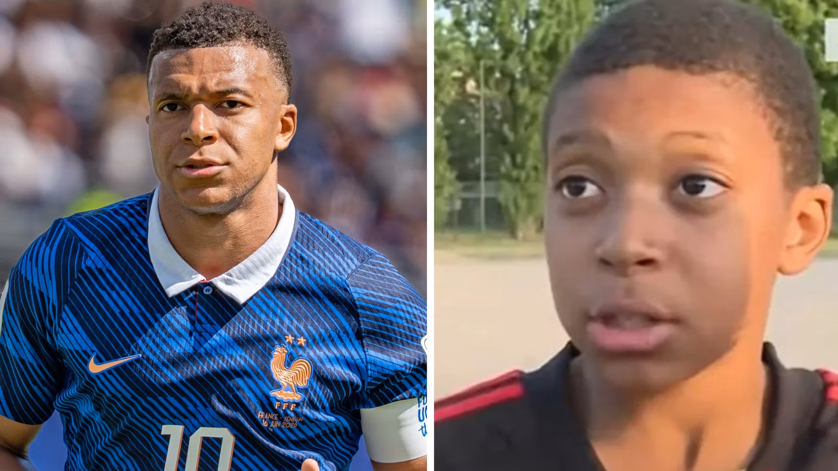 Montaje de Mbappé en su etapa adulta y durante su infancia.
