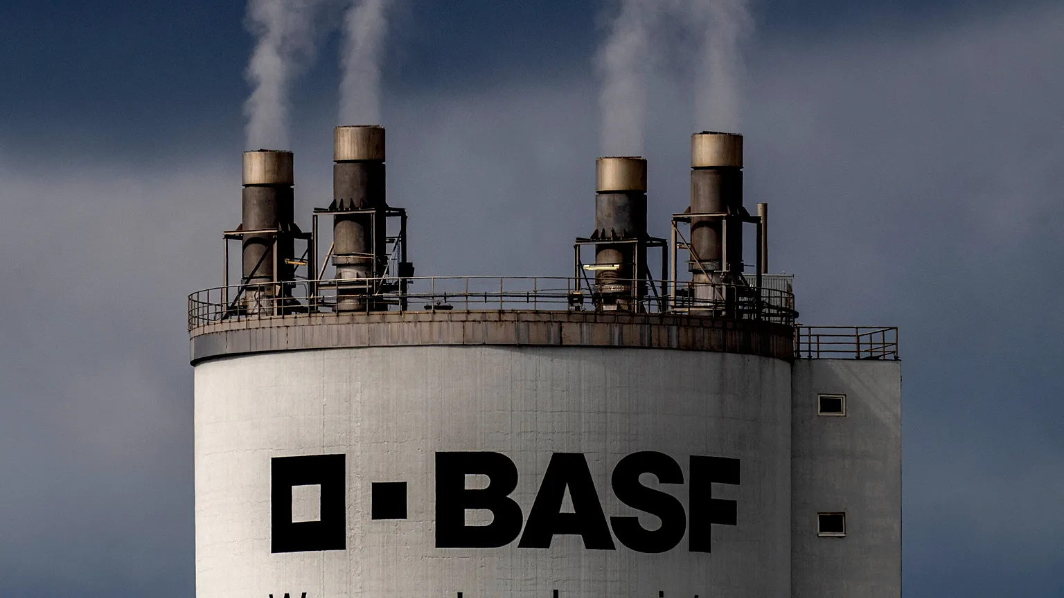 Steam rises from a chimney of the BASF chemical plant in Ludwigshafen, Germany.