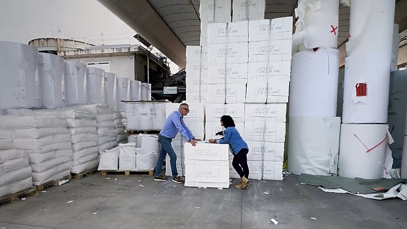 Raw materials storage area, Favini. Residues that can be recovered and given a second life range from almond by-products, citrus, olive residues to grapes, leather scraps...