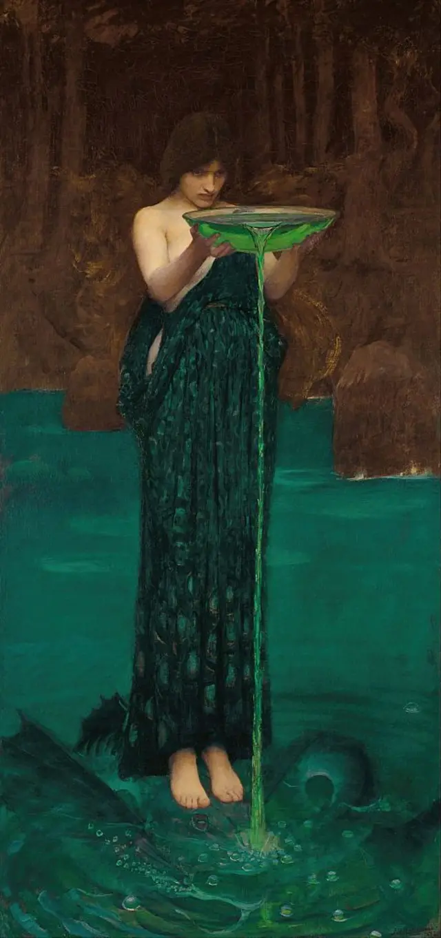 Óleo "Circe Invidiosa" (1892), de John William Waterhouse, artista inglés (1849 - 1917). Una esbelta figura de pelo castaño largo, vestida con un manto verde esmeralda, sostiene un platón transparente con un líquido verde que deja vertir sobre una corriente igualmente verde.