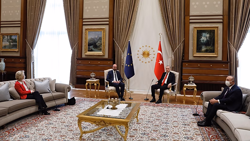 EC President Ursula von der Leyen on a couch while former EC President Charles Michel sits next to Turkish President Recep Tayyip Erdoğan on 6 May, 2021, in Ankara, Turkey.