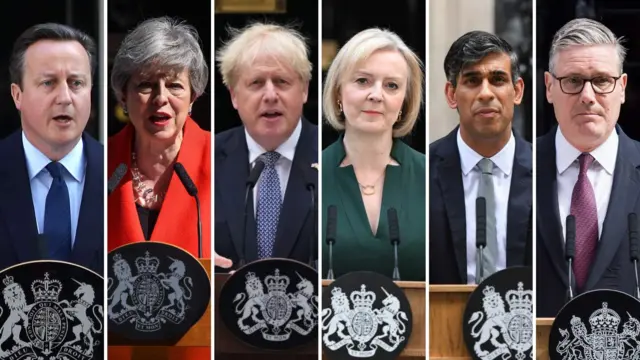 Un collage de fotos que muestra el momento en que los distintos primeros ministros británicos han renunciado en la última década. De izquierda a derecha: David Cameron, Theresa May, Boris Johnson, Liz Truss, Rishi Sunak y Keir Starmer.