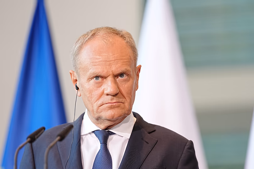 Polish Prime Minister Donald Tusk attends a press conference in Berlin, 24 June, 2026. (Kay Nietfeld/dpa via AP)