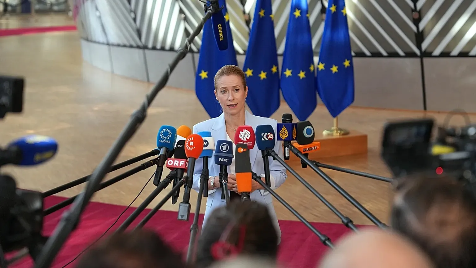 European Union foreign policy chief Kaja Kallas speaks with the media as she arrives for a meeting of EU foreign ministers in Brussels, Monday, July 13, 2026.