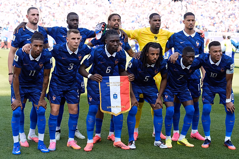 The France starting 11 pose for group photos ahead of their World Cup round of 16 football match against Paraguay in Philadelphia, Saturday, 4 July, 2026.