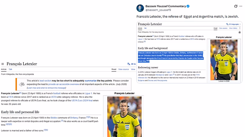 Image shows François Letexier's Wikipedia page before edits (left) and X post highlighting the unsupported edit (right). 