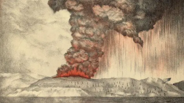 Ilustración histórica de la erupción de un volcán en una isla, con una gran columna de ceniza y humo que se eleva sobre el mar.