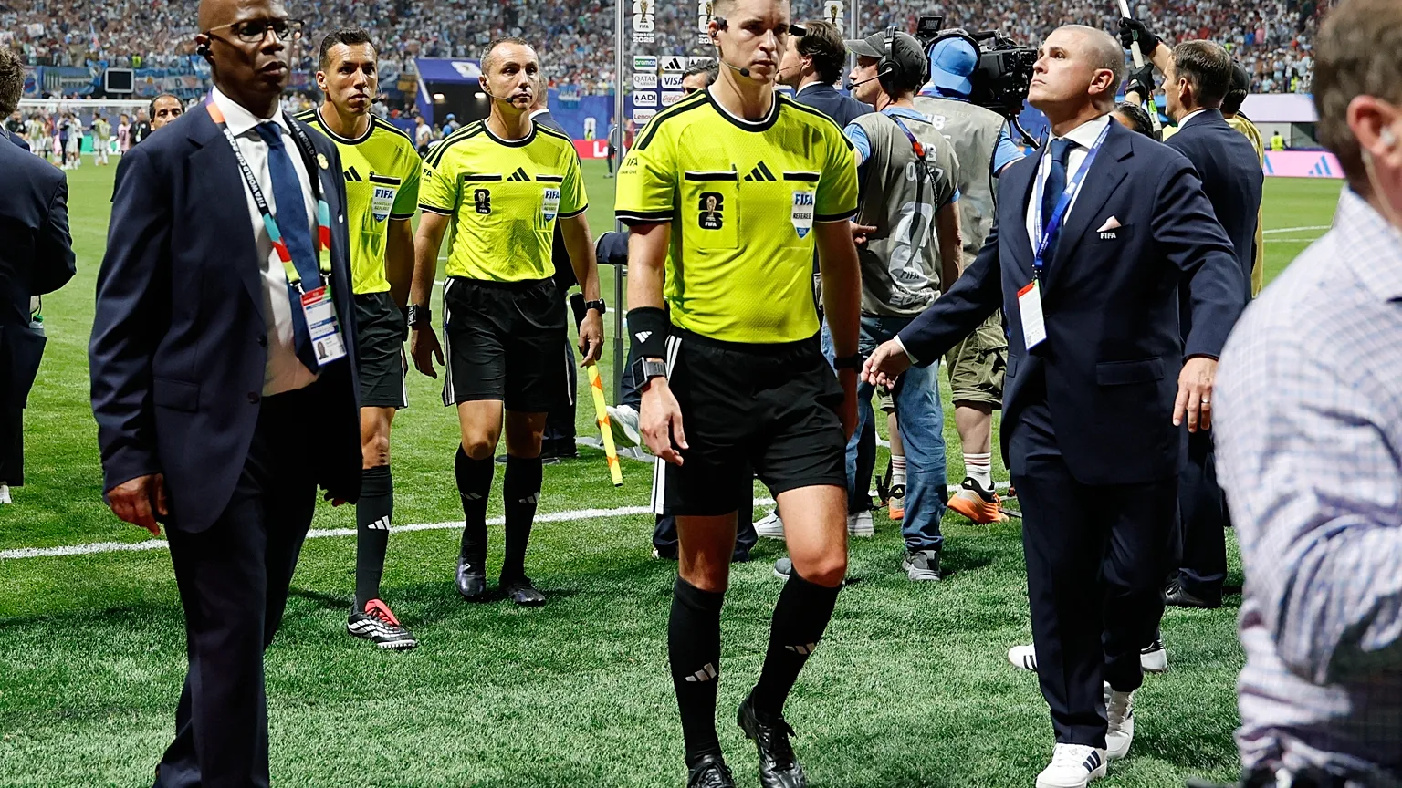 Referee Francois Letexier, of France, leaves the pitch after the World Cup round of 16 soccer match between Argentina and Egypt in Atlanta, Tuesday, July 7, 2026. 