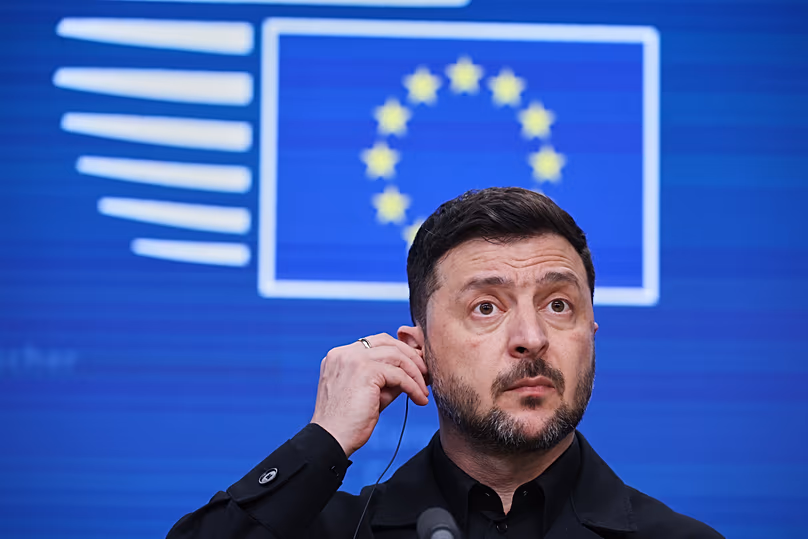 Ukraine's President Volodymyr Zelenskyy prepares to address a media conference during the EU Summit in Brussels, 18 December, 2025