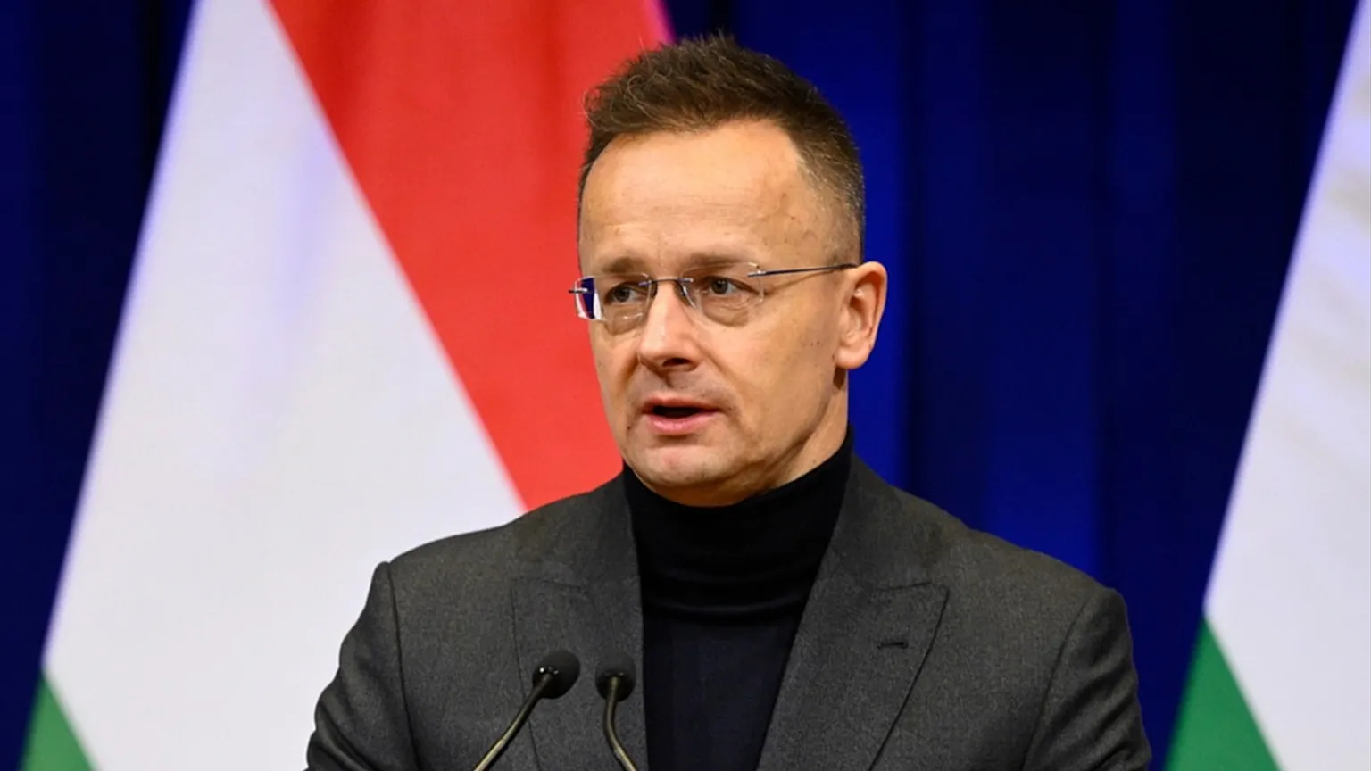 FILE - Ex-Hungarian Minister of Foreign Affairs Peter Szijjarto holds a press conference following a cabinet meeting in Budapest, Hungary, Wednesday, Feb. 18, 2026