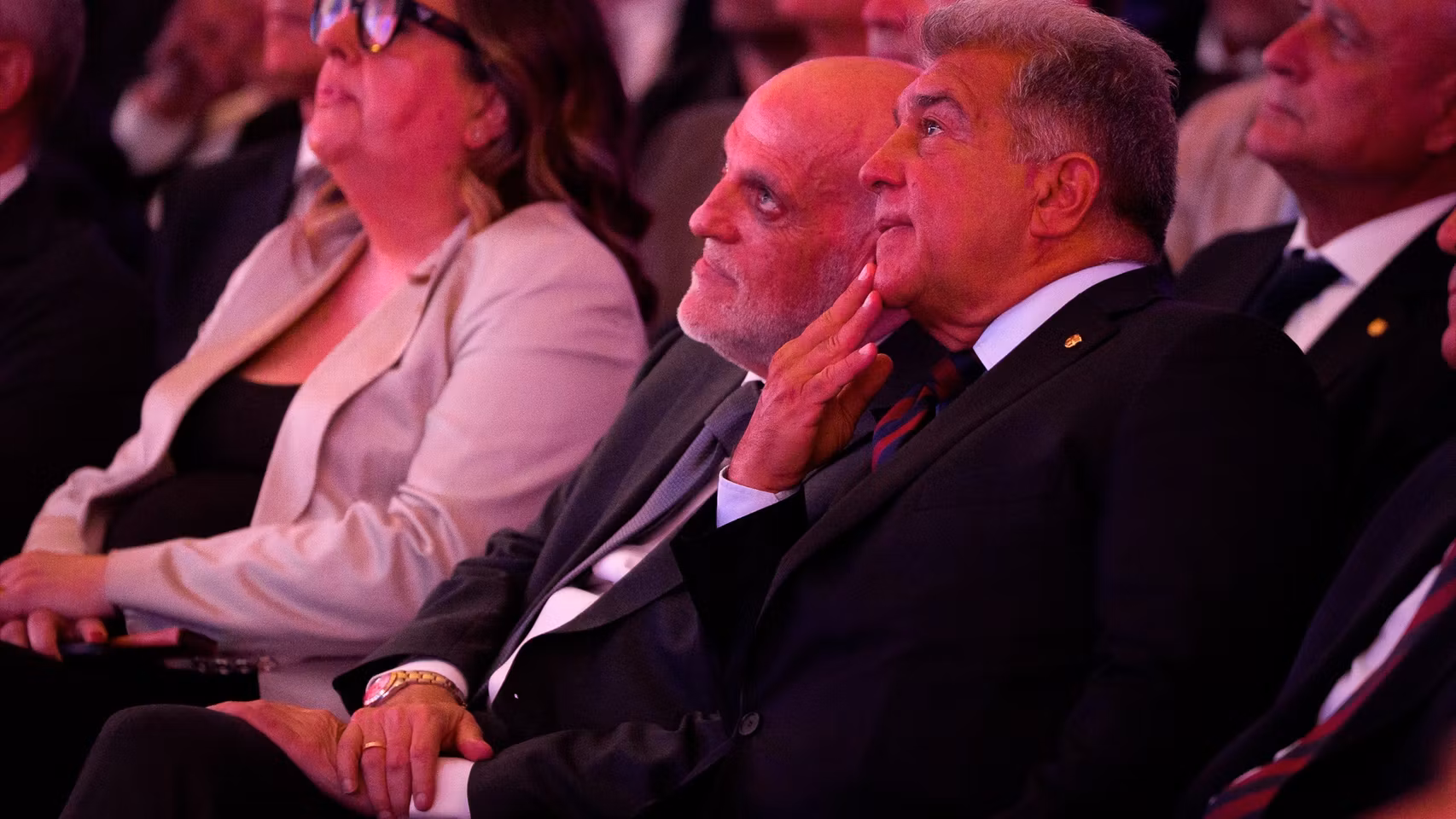 Joan Laporta, junto a Javier Tebas, en el acto de toma de posesión como presidente del FC Barcelona.