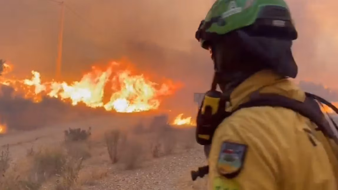 Un bombero forestal combate el incendio declarado en Los Gallardos (Almería).