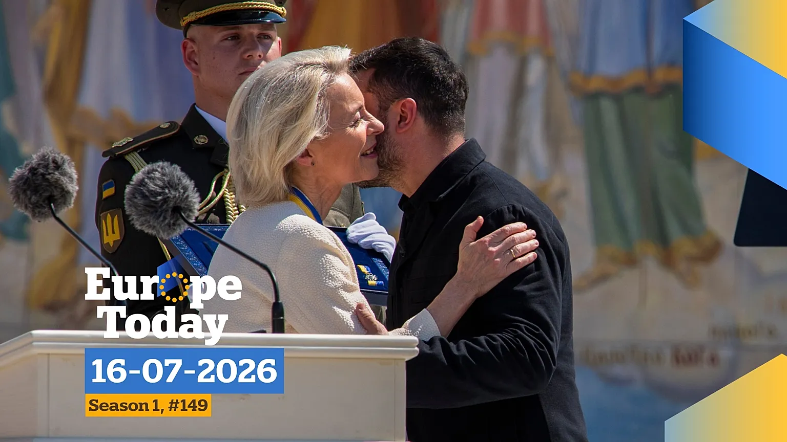 Ukrainian President Volodymyr Zelenskyy, right, greets European Commission President Ursula von der Leyen in Kyiv, Ukraine, Wednesday, July 15, 2026.