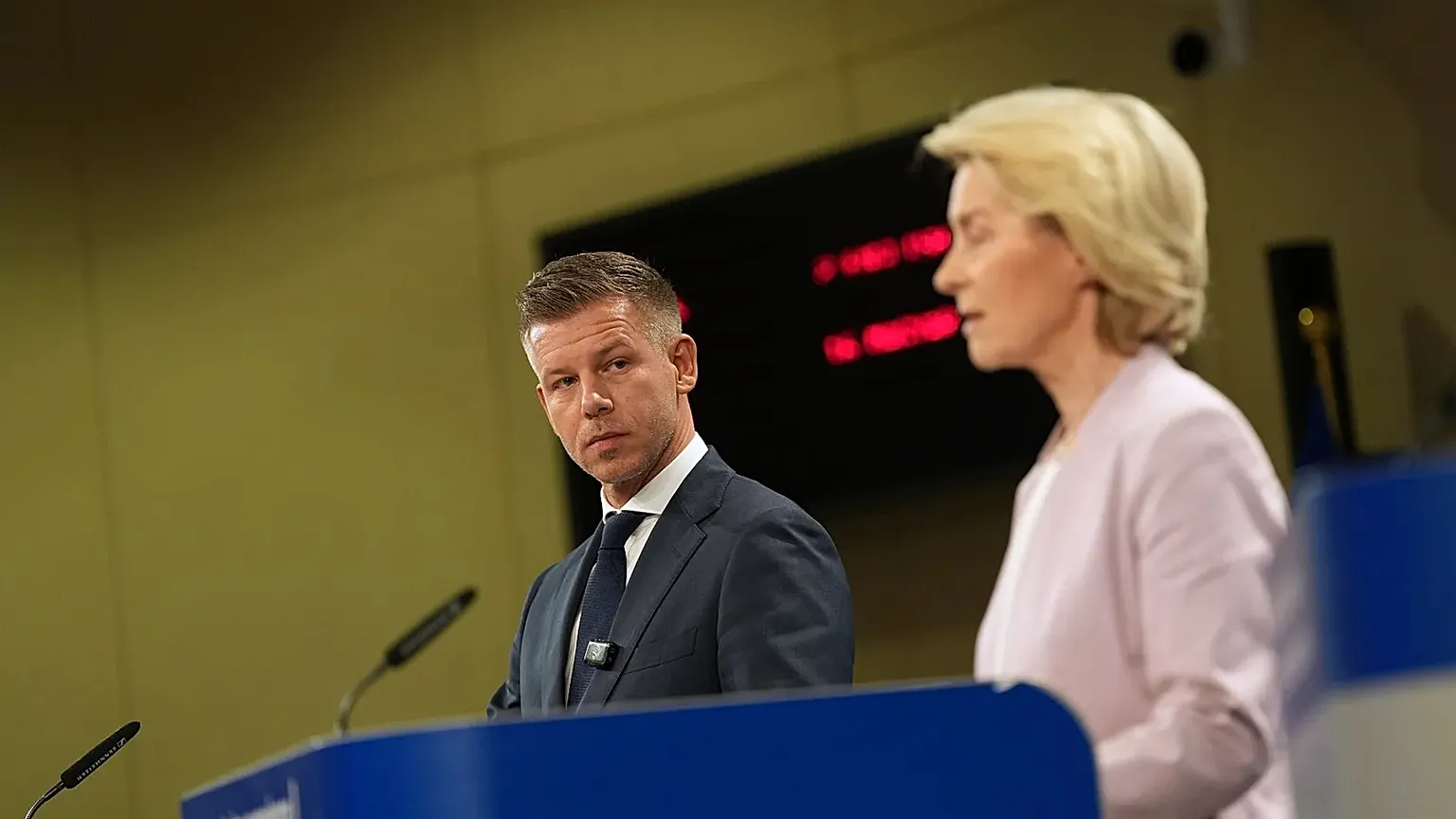 European Commission President Ursula von der Leyen, right, and Hungary's Prime Minister Peter Magyar address the media at EU headquarters in Brussels, 29 May 2026.