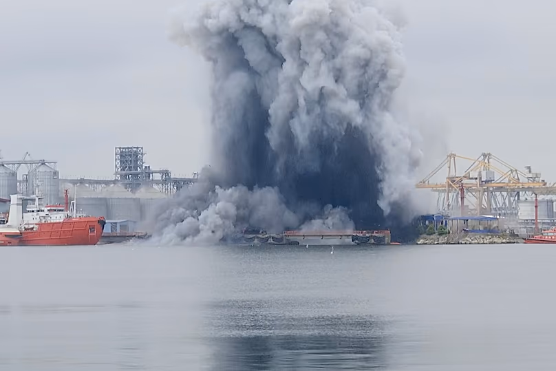 In this photo taken from video provided by OBSERVATOR ANTENA 1, an explosion of sea drone is seen in Constanta port, Romania, Friday, June 5, 2026.