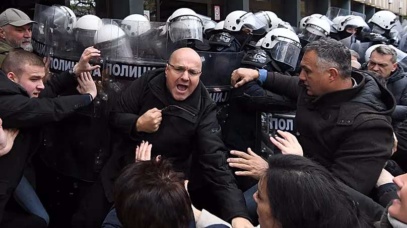 Serbian police officers scuffled with opposition protesters demanding arrests over a deadly roof collapse at a railway station in Novi Sad, Serbia, on 21 November, 2024.