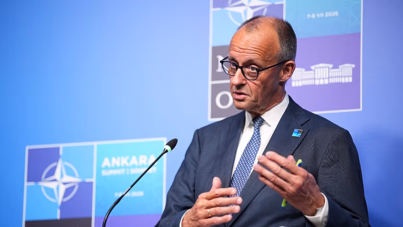 Germany's Chancellor Friedrich Merz speaks during a media conference at the NATO summit in Ankara, 8 July, 2026