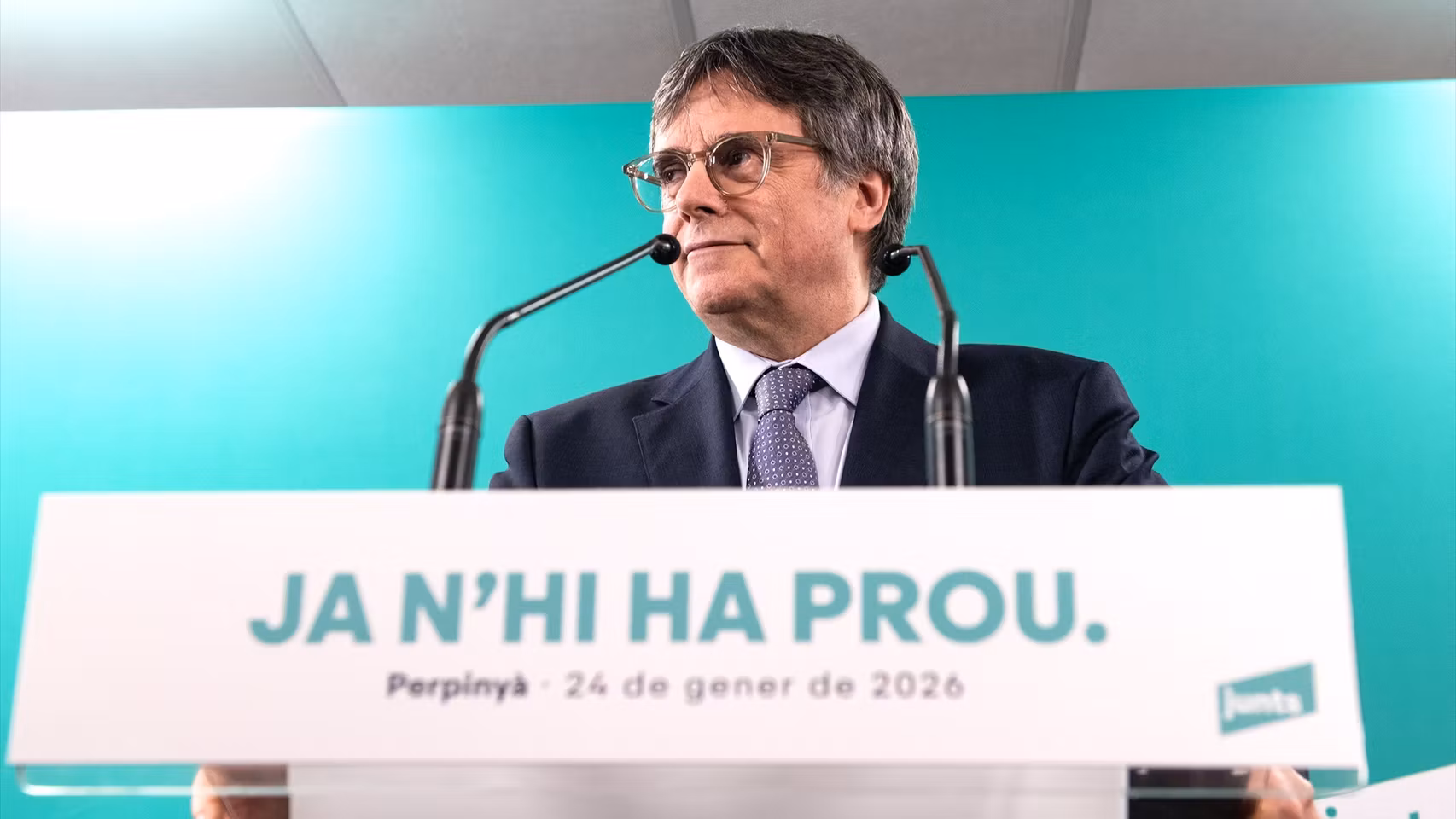 El líder de Junts, Carles Puigdemont, el pasado enero en una rueda de prensa en Perpiñán (Francia).