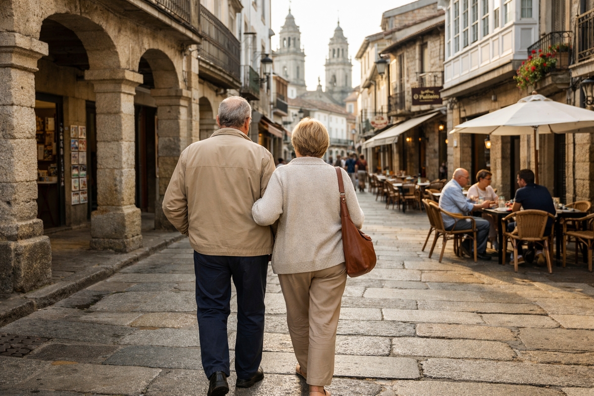 Una pareja de personas mayores camina de espaldas en una calle empedrada del casco histórico de Lugo con edificios antiguos, soportales y terrazas.
