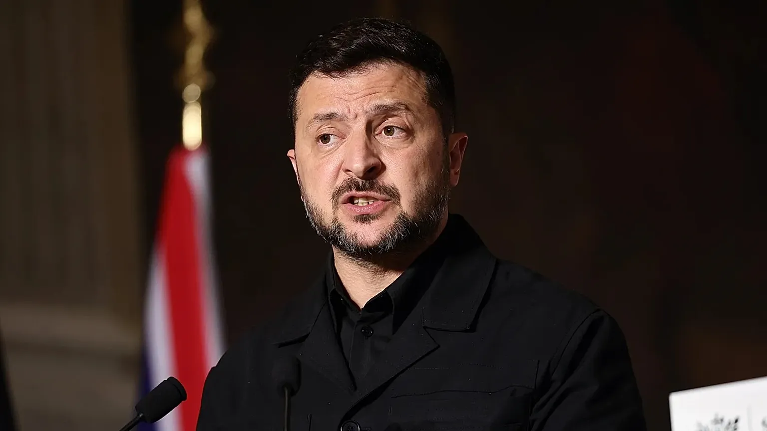 Ukrainian President Volodymyr Zelensky addresses a press conference after the Coalition of the Willing summit on security guarantees for Ukraine in Paris, Monday, July 13, 202