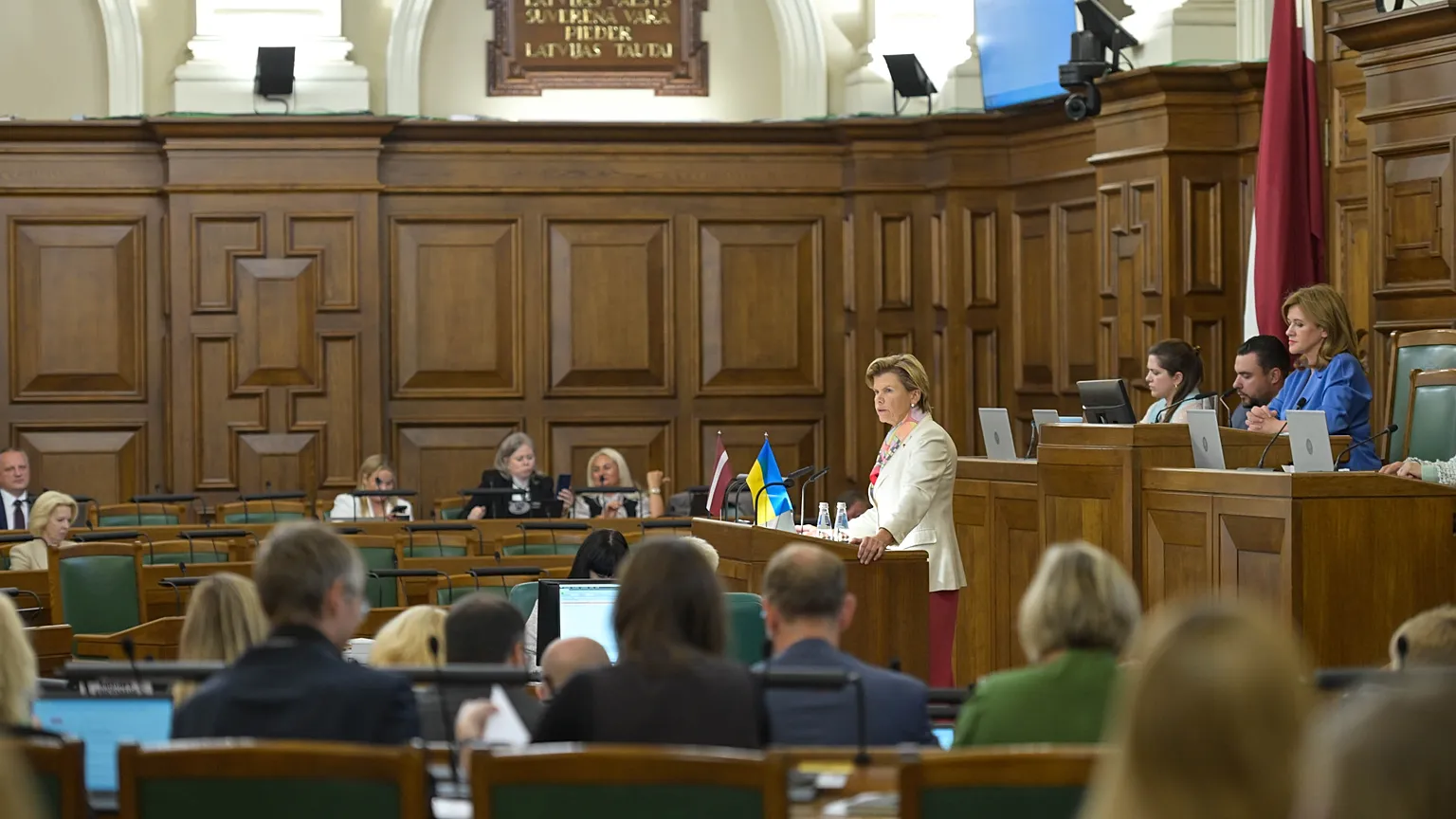 Foreign Minister Baiba Braže at the Latvian Parliament on 23 July.