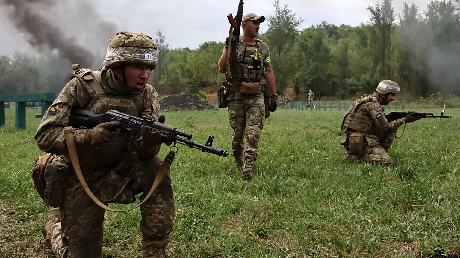 Photo from Ukraine's 65th Mechanized Brigade press service. Soldiers in military training near frontline in the Zaporizhzhia region, Ukraine, 24 July 2026.