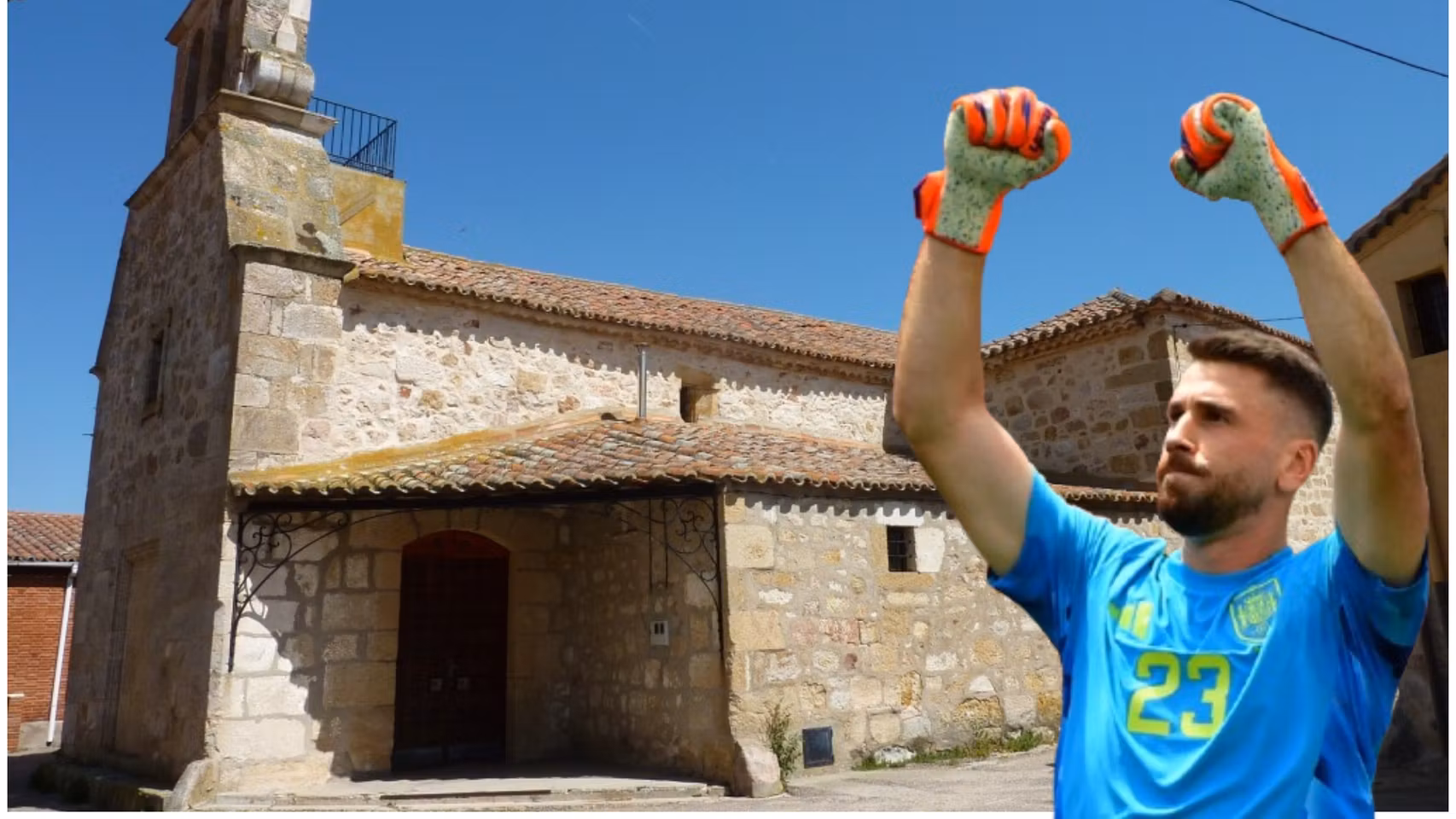 Montaje del pueblo de San Marcial del Vino y Unai Simón.