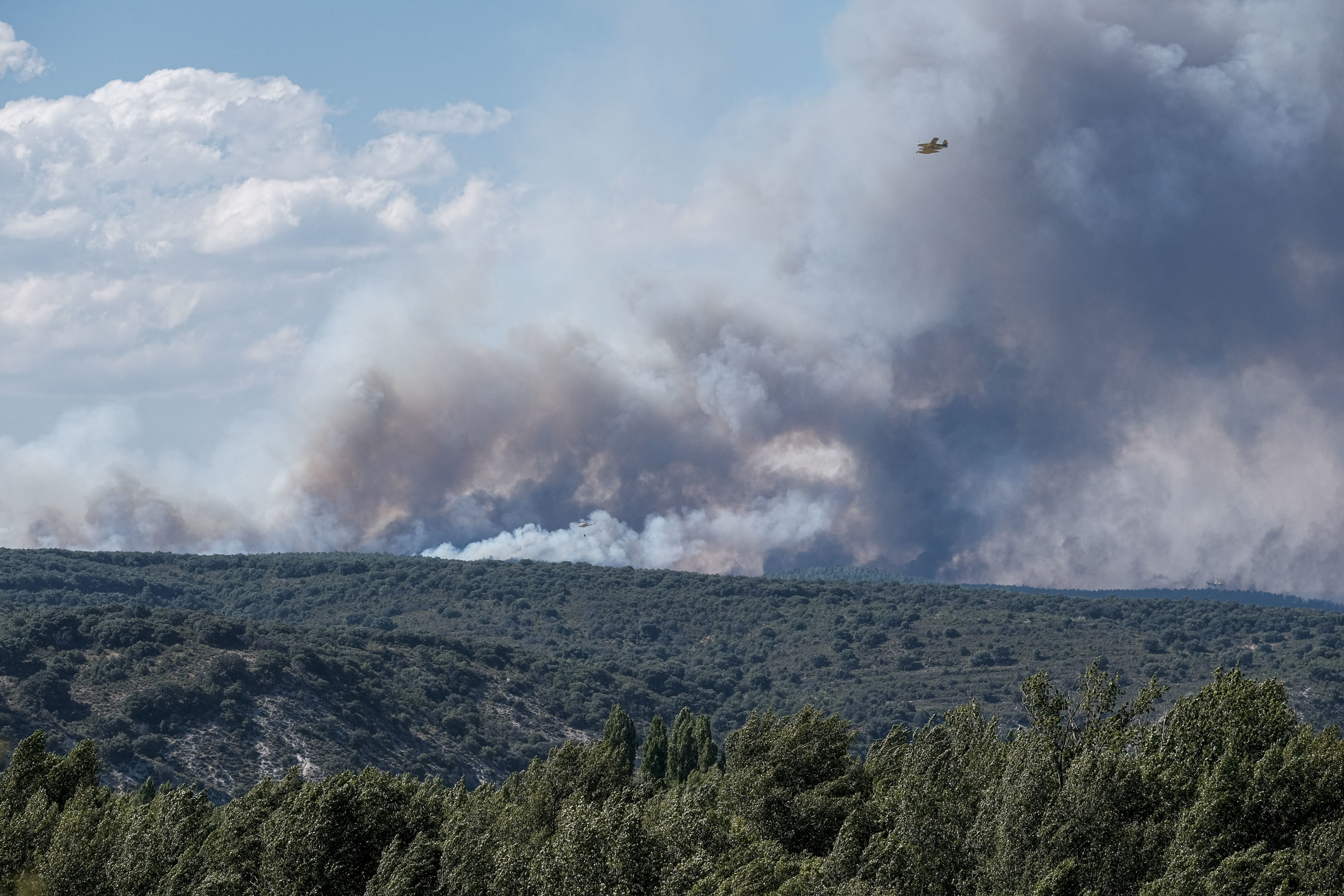 Un hidroavión trabaja en la extinción del incendio declarado este jueves en La Mierla, Guadalajara