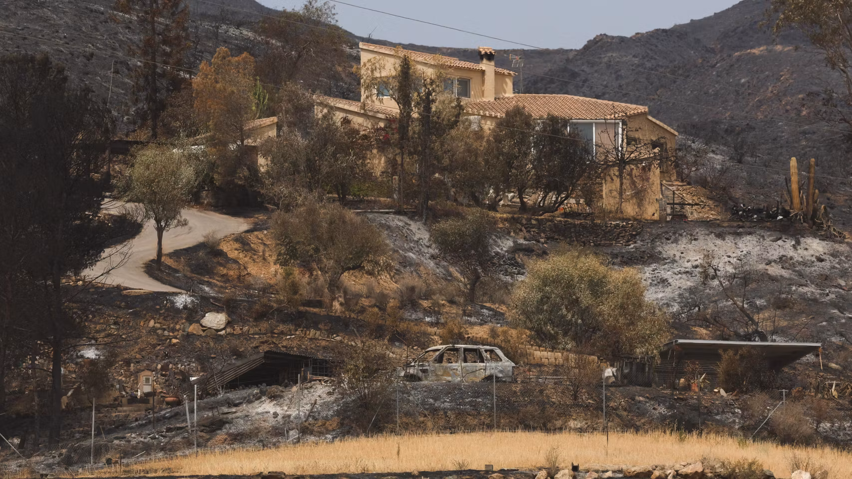 Un coche aparcado y calcinado permanece en una zona quemada tras los devastadores incendios forestales que afectaron a la provincia de Almería, en Los Gallardos, Almería, España.