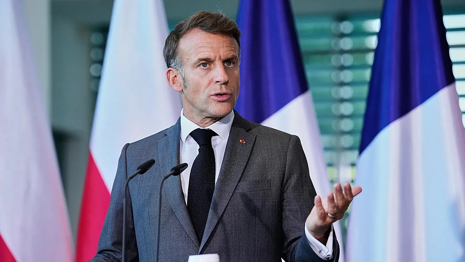 Emmanuel Macron speaks at a press conference held as part of the NATO E5 summit in Berlin, Germany, on Wednesday, 24 June 2026